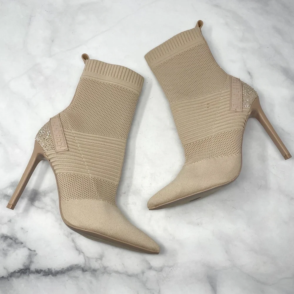 NEW Steve Madden Maxwelle Pointed Jeweled Bling Heeled Ankle Sock Booties Nude - Picture 4 of 11